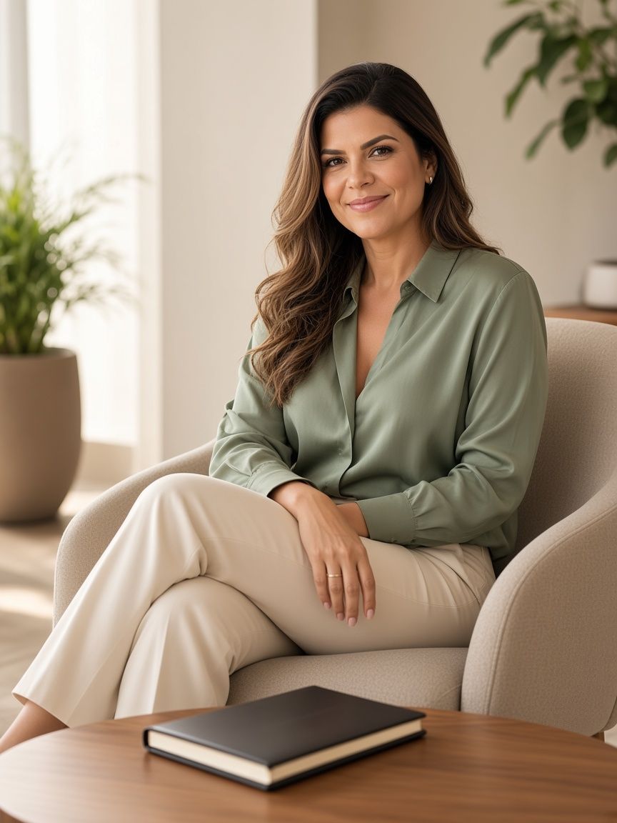 Dra. Marjorie Cordeiro em conversa, em ambiente contemporâneo